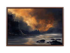 Dark stormy ocean landscape with glowing sky for moody luxury decor.