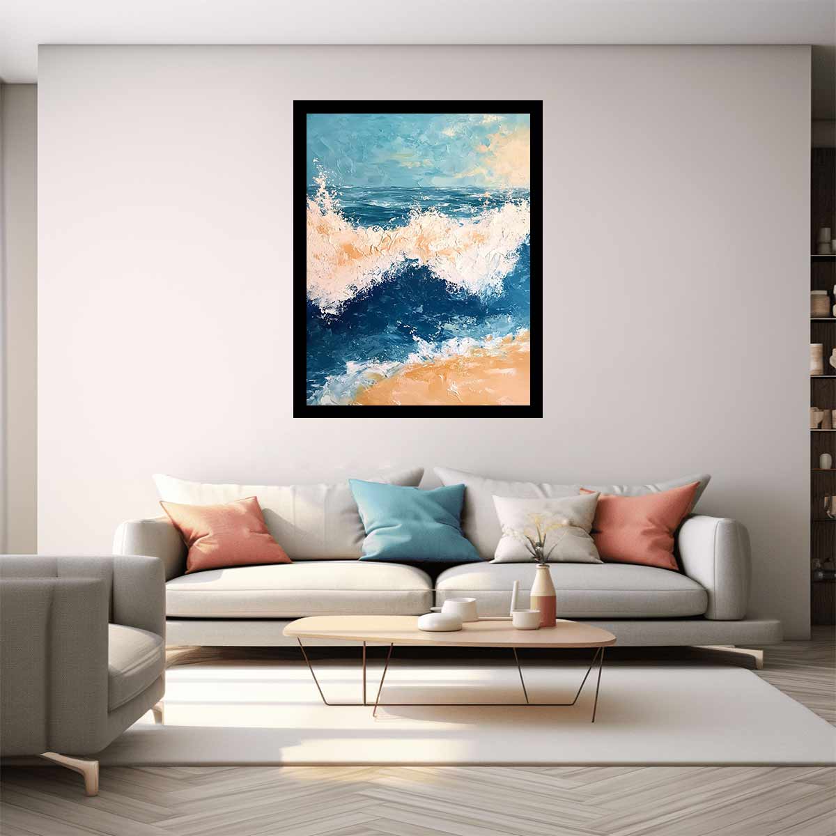 Textured blue ocean wave canvas for fresh coastal bathroom decor.