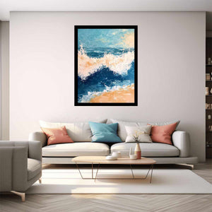Textured blue ocean wave canvas for fresh coastal bathroom decor.