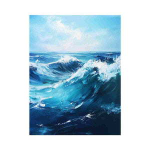 Large blue ocean wave canvas art for coastal living room decor.