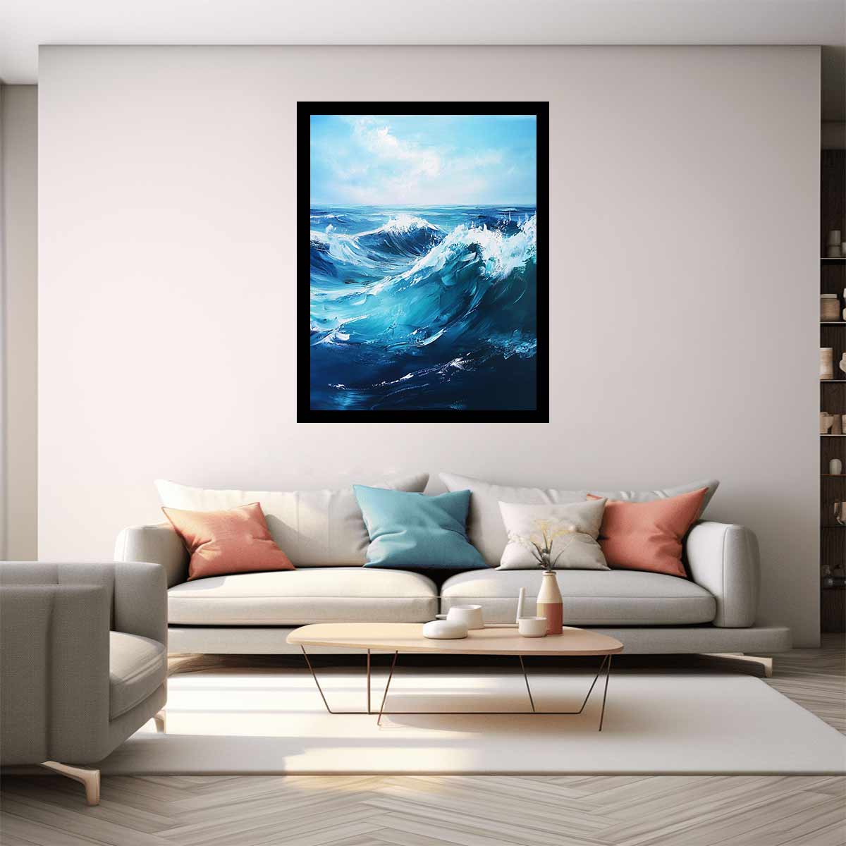Large blue ocean wave canvas art for coastal living room decor.