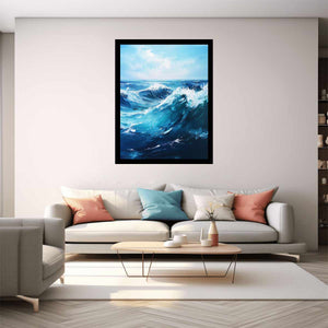 Large blue ocean wave canvas art for coastal living room decor.
