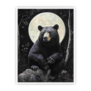 Black bear moon canvas art for rustic office or cabin decor.