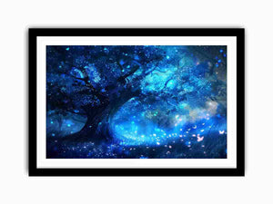 Blue fantasy forest canvas art for dreamy bedroom decor.
