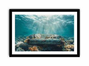 Surreal underwater sofa canvas art for coastal modern living room decor.