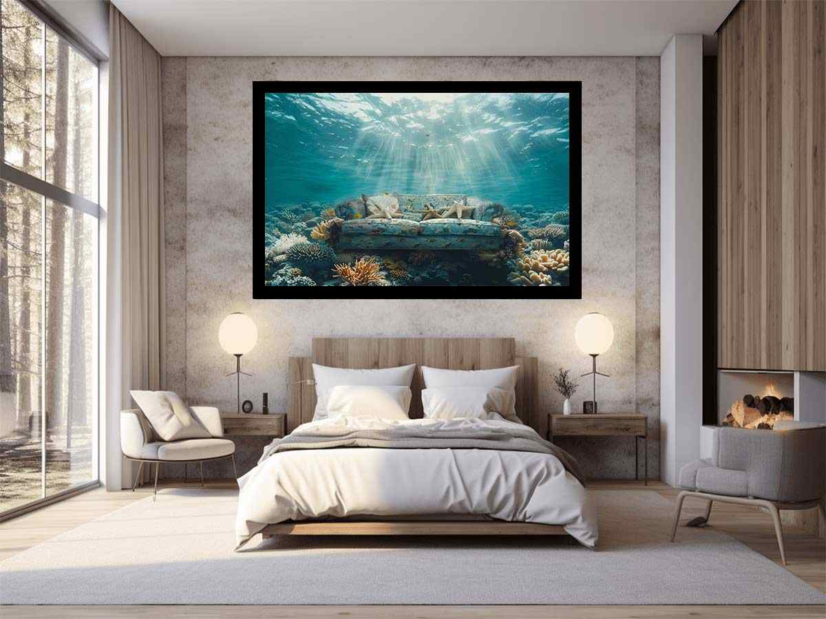 Surreal underwater sofa canvas art for coastal modern living room decor.