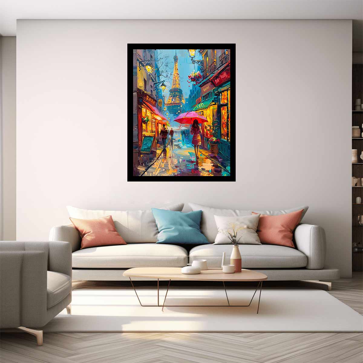 Colorful Paris street canvas art with Eiffel Tower for apartment decor.