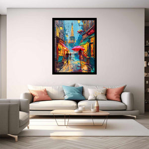 Colorful Paris street canvas art with Eiffel Tower for apartment decor.