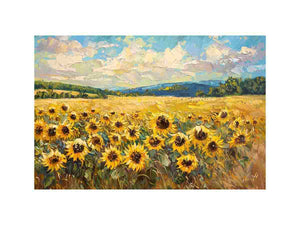 Wide sunflower field canvas art for rustic farmhouse living room decor.