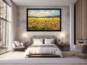 Wide sunflower field canvas art for rustic farmhouse living room decor.