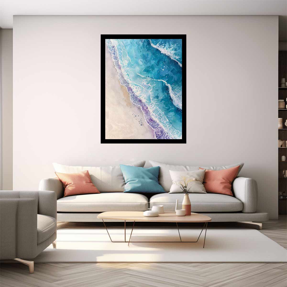 Teal abstract coastal wave canvas art for beach house bedroom decor.
