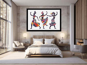 Colourful dancing figures canvas art for eclectic living room decor.