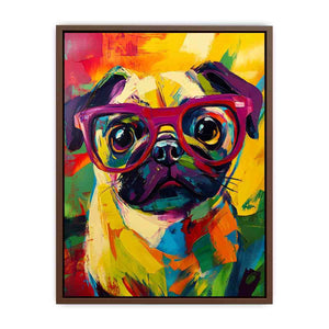 Bright pop art pug canvas with red glasses for colourful bedroom decor.