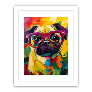 Bright pop art pug canvas with red glasses for colourful bedroom decor.