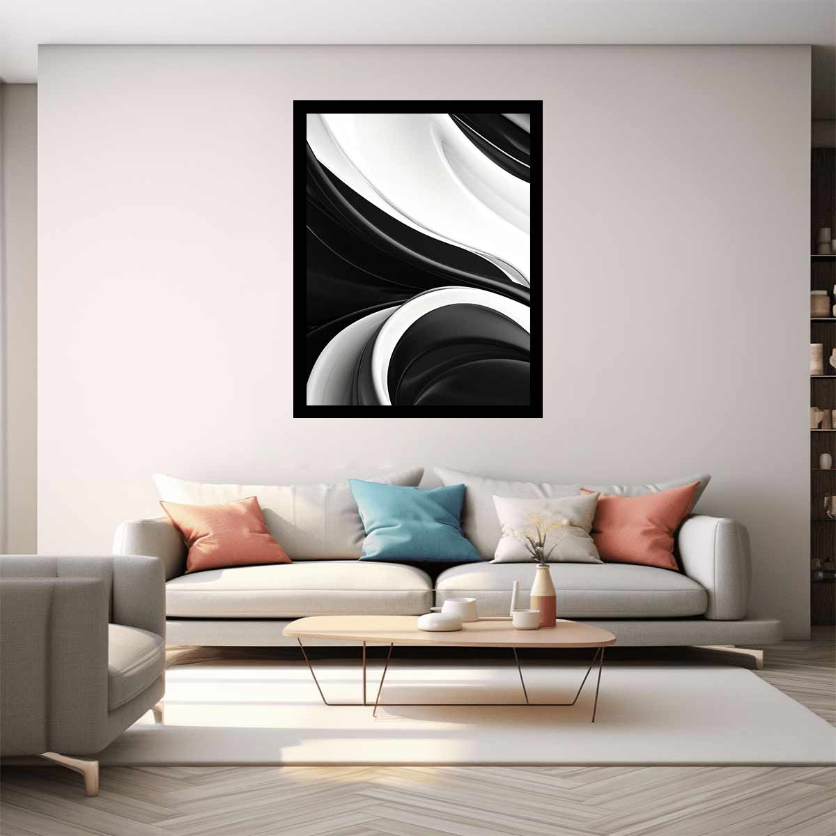 Black and white abstract canvas art for sleek modern living room decor.