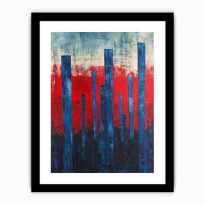 Blue and red abstract cityscape canvas for bold modern office decor.