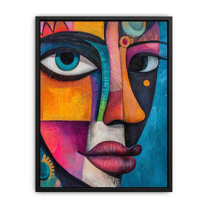 Colourful abstract woman portrait canvas for eclectic living room decor.