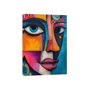 Colourful abstract woman portrait canvas for eclectic living room decor.