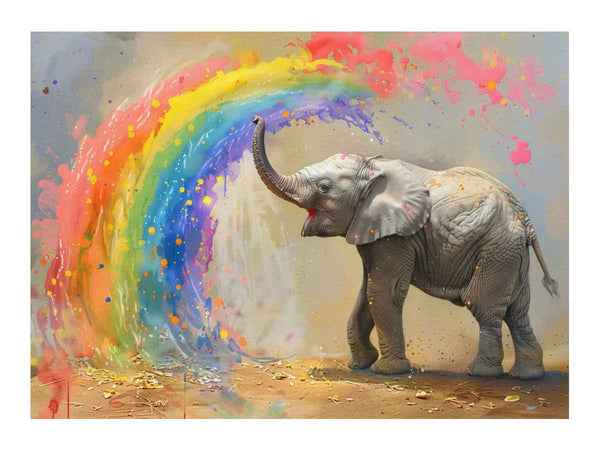 Baby Elephant Spraying Rainbow Art Print