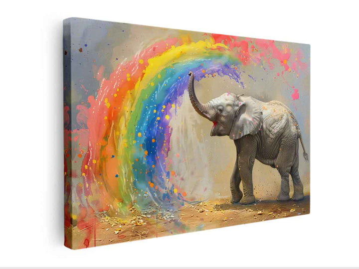 Baby Elephant Spraying Rainbow canvas Print