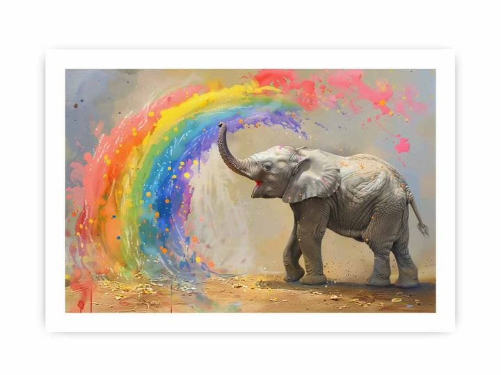 Baby Elephant Spraying Rainbow framed Print