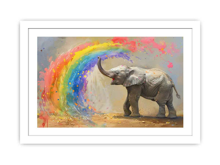 Baby Elephant Spraying Rainbow framed Print