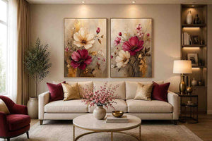 Blush and ivory floral diptych canvas art with gold accents for elegant living room decor