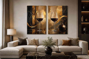 Black and gold wine glass abstract canvas art for luxury dining room and home bar decor.