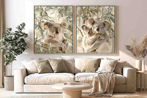 Soft koala eucalyptus diptych canvas art for nursery or modern living room decor.