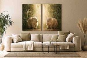 Soft wombat diptych canvas art with forest leaves for nursery or modern living room decor.
