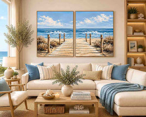 Coastal boardwalk diptych canvas art with ocean waves for modern beach house decor.