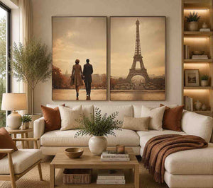 Vintage Paris diptych canvas art with Eiffel Tower and romantic couple for elegant living room decor.