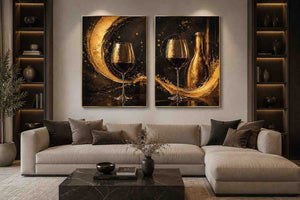 Black and gold wine glass canvas art with bottle for luxury dining room and home bar decor.