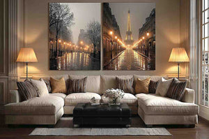 Moody Paris diptych canvas art with Eiffel Tower rain reflections and glowing street lights.