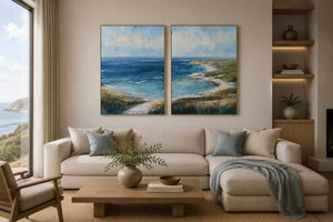 Blue coastal landscape canvas print for modern living room decor.