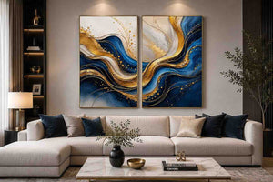 Blue and gold abstract wave canvas art for luxury modern living room decor.
