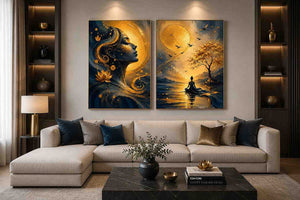Blue and gold meditative woman canvas art with lotus, sun, birds, and calm landscape.
