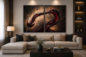 Red wine splash canvas art with glass for modern dining room and home bar decor.