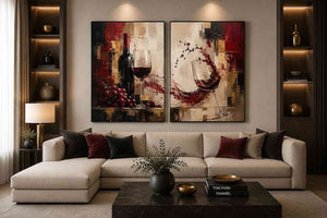 Red wine canvas art with grapes, bottle, and wine glasses for dining room and home bar decor.