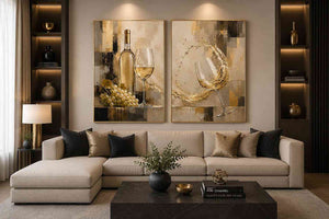 White wine canvas art with grapes, bottle, and glassware for elegant dining room and home bar decor.