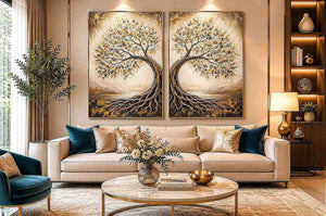 Golden tree of life diptych canvas art with intertwined roots for luxury living room decor