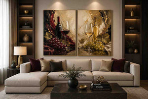 Red and white wine canvas art with bottles, glasses, grapes, and vine leaves for dining room decor.