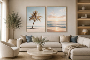 Coastal palm tree and ocean sunrise diptych canvas art for relaxed living room decor.