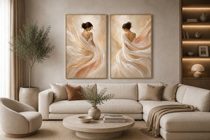 Elegant female figure diptych canvas art with flowing fabric for soft luxury bedroom decor.