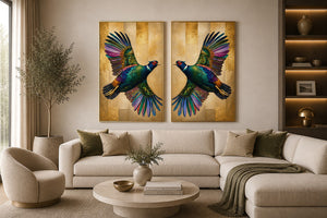 Colorful mirrored bird diptych canvas art with gold accents for luxury living room decor.