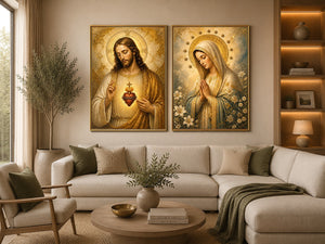Jesus and Mary religious canvas art with sacred heart, flowers, and gold halos for home decor.