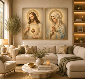 Jesus and Mary religious canvas art with sacred heart, prayer pose, and gold halos.