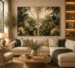 Tropical jungle diptych wall art featuring a leopard, macaw, toucan, orchids and lush rainforest foliage.