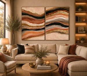 Terracotta abstract canvas art with black and gold flowing bands for modern living rooms.