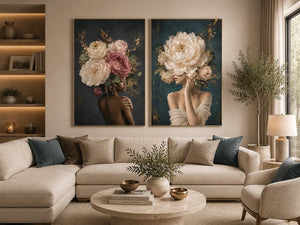 Elegant floral portrait canvas art with peonies for luxury bedroom decor.
